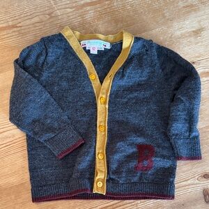 Bonpoint Charcoal Gray Cardigan with Mustard Trim and Burgundy 'B' for baby